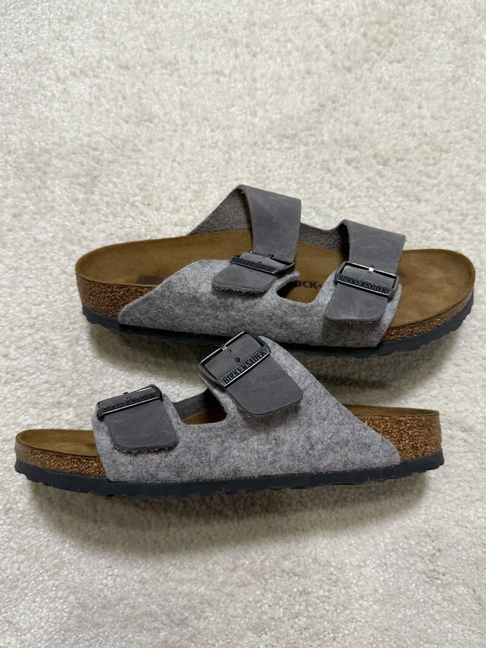Birkenstock Arizona Two Strap Sandal Iron Oiled Leather Light Gray Wool EU 39